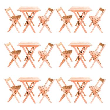 Imagem de Kit 6 Conjuntos Mesa Dobrável Para Bar E Restaurante 60x60cm Com 2 Cadeiras Em Madeira Maciça - Cru - Bege