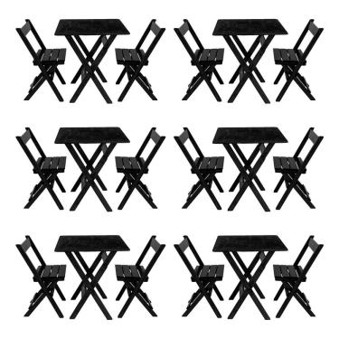 Imagem de Kit 6 Conjuntos Mesa Dobrável Para Bar E Restaurante 60x60cm Com 2 Cadeiras Em Madeira Maciça - Pret - Preto