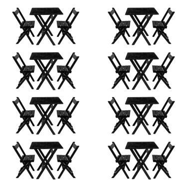 Imagem de Kit 8 Conjuntos Mesa Dobrável Para Bar E Restaurante 60x60cm Com 2 Cadeiras Em Madeira Maciça - Pret - Preto