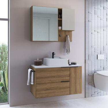 Imagem de Conjunto Para Banheiro Gabinete Suspenso 80cm Com Toalheiro Cuba E Espelheira Cj8020.10 Mel Branco Arenas