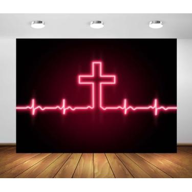 Imagem de Loccor 2,1 x 1,5 m tecido cruz de Jesus pano de fundo batimento cardíaco linha vermelho rosa neon brilhante ritmo cardíaco e cruz de Deus fundo igreja cristã bandeira decoração foto adereços