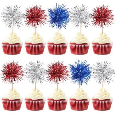 Imagem de Rsstarxi 40 Pack Foil Firework Cupcake Toppers Red Silver and Blue Birthday Party Decorations Sparkle Tinsel Cocktail Fruit Toothpick for Birthday Wedding Graduation Party Cake Decorations Favor