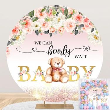 Imagem de Urso de pelúcia redondo capa de pano de fundo 2 m rosa marrom balão podemos esperar para conhecê-lo revelar gênero pano de fundo para chá de bebê recém-nascido círculo fotografia fundo cabine adereços