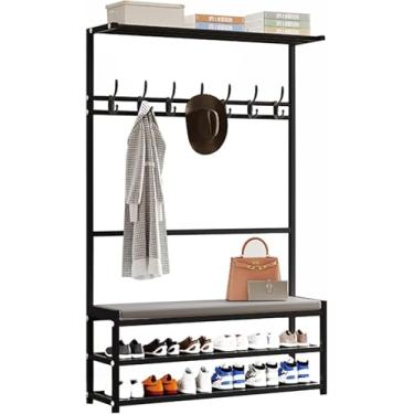 Imagem de Cabide De Aço Carbono Com Banco De Sapatos, Cabide De Entrada Moderno Com Ganchos E Sapateira De 2 Andares, Cabideiro De Pé Livre Para Salas De Estar No Corredor, Black, 60x25.5x160cm