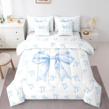 Imagem de Erosebridal Jogo de cama infantil com laço azul, 7 peças, kawaii, simples, princesa, com laço, azul e branco, romântico, coquete, nó de borboleta, edredom com lençol de cima
