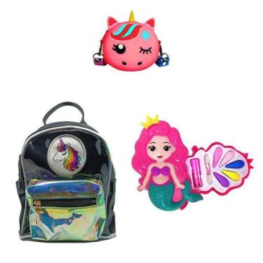 Imagem de Mochila Preta Unicórnio, Bolsa e Maquiagem Sereia Infantil - BD Net