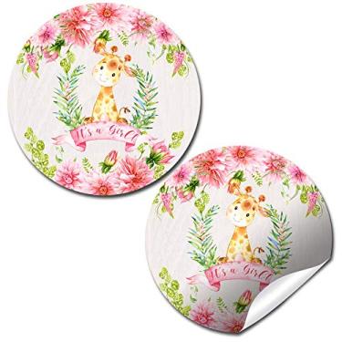 Imagem de Etiquetas adesivas para chá de bebê com tema de girafa floral de dália aquarela para meninas, 40 adesivos de círculo de festa de 5 cm da AmandaCreation, ótimo para lembrancinhas de festa, selos de