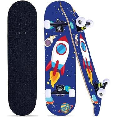 Imagem de Skates para iniciantes, crianças, meninos, meninas e adultos, 78,7 cm x 20,3 cm, skate completo profissional, 8 camadas de madeira de bordo, duplo chute côncavo, fascinante legal, sólido e durável