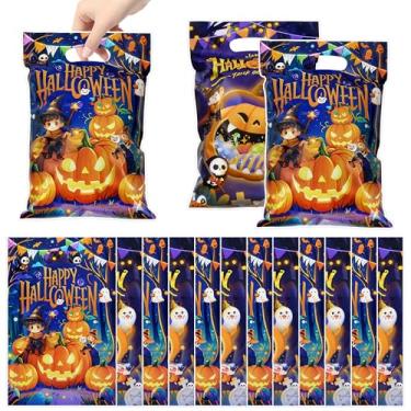 Imagem de Boerni 50 unidades de sacolas de presente de Halloween com alças de plástico reutilizáveis, sacolas de lembrancinhas de doces para decoração de festa infantil, suprimentos de lembrancinhas