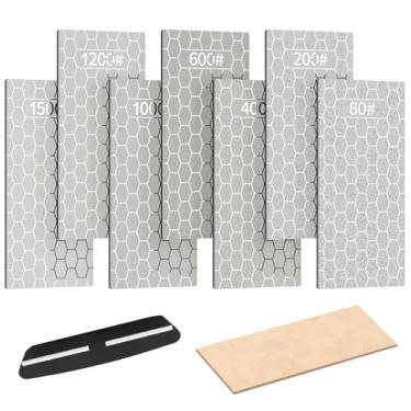 Imagem de 9 peças de pedras de afiar diamante, afiador de facas Kalolary placa afiadora de diamante com guia de ângulo, base antiderrapante para faca de cozinha ao ar livre (grão 80/200/400/600/1000/1200/1500)