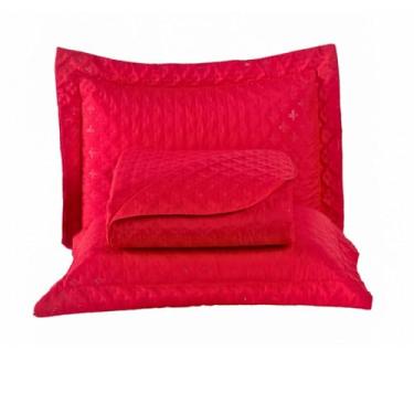 Imagem de Colcha Coxa Cobre Leito Jogo Roupa Cama Casal Queen 3 Peças Matelado Basico Macio Decoração Vermelho Florzinha
