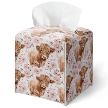 Imagem de Capa de caixa de lenços, estampa floral de vaca highland capa de caixa de lenços quadrada à prova d'água, decoração de mesa para sala de estar, quarto, mesa de cabeceira, escritório, decoração