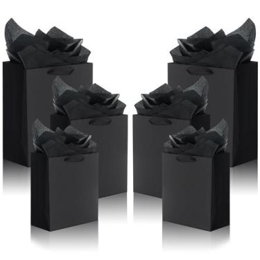 Imagem de Sacos de presente QIELSER, papel kraft preto com alças de fita, pacote