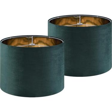 Imagem de Conjunto de 2 abajures de veludo verde com 2 abajures grandes de tambor de 40,6 cm, parte superior x 40,6 cm inferior x 30,5 cm de altura (aranha), abajur moderno - Ideal para lâmpadas de mesa e chão