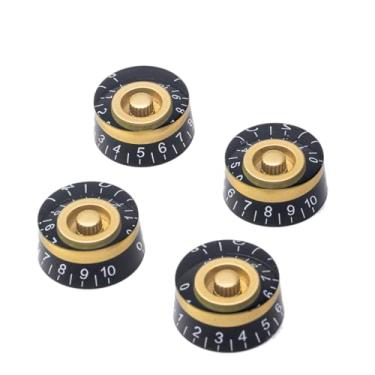 Imagem de DIAO79NI Botões de controle de velocidade de 18 estrias de tamanho métrico para guitarra elétrica Epiphone Les Paul SG Asia Import Guitar Bass Split Shaft Pots, dourado/preto/branco (conjunto de 4)