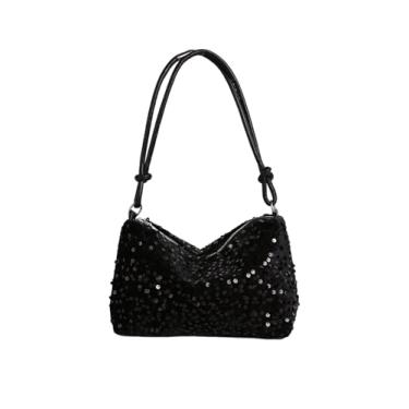 Imagem de MakeMeChic Bolsa feminina de lantejoulas brilhante bolsa tiracolo com nó e zíper Y2k, Preto, one_size, Macio