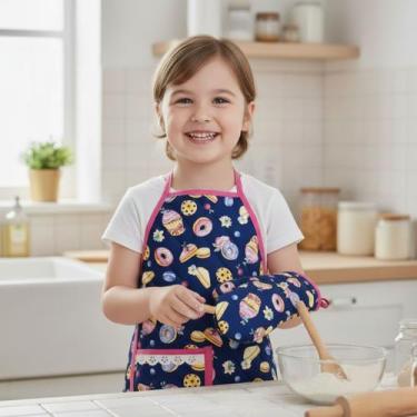 Imagem de Kit Avental Infantil de Cozinha Estampado com Luva Térmica - Mava Enxo