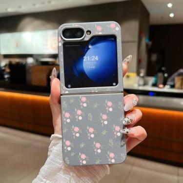 Imagem de Capa dobrável de TPU com textura de couro estampado com flores pequenas para Samsung Galaxy Z Flip6 (para Samsung Galaxy Z Flip6/A603 cinza)