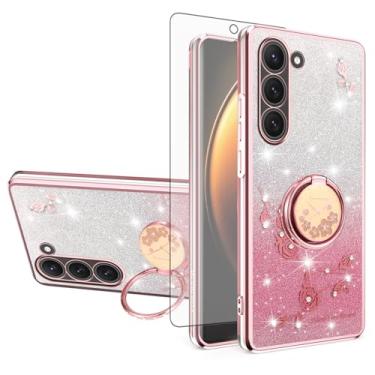 Imagem de Asuwish Capa de telefone para Samsung Galaxy S23 5G com protetor de tela de vidro temperado suporte de anel com glitter transparente híbrida à prova de choque TPU capa protetora S 23 23S GS23 G5