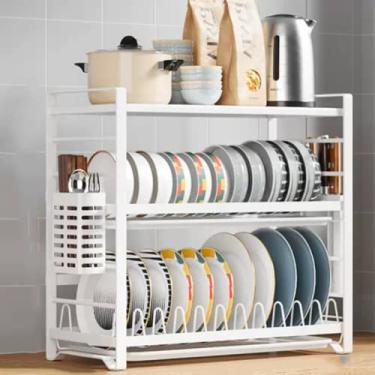 Imagem de Escorredor de louça, escorredor de pratos de metal, escorredor de pratos ajustável, suporte de armazenamento com bandeja de drenagem, suporte de secagem de pratos de grande capacidade, suporte de