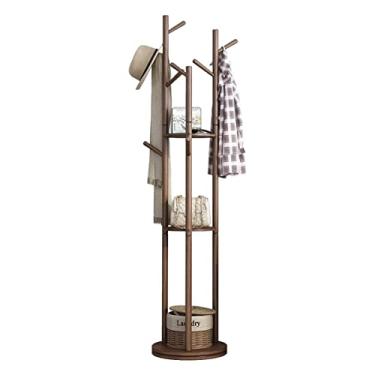 Imagem de Cabide de madeira independente com 9 ganchos e 3 prateleiras de armazenamento, para pendurar casacos, chapéus, sacos/branco (nogueira)