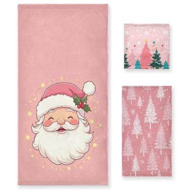 Imagem de Pacote com 3 toalhas de mão rosa de Natal para banheiro, árvore de inverno, Papai Noel, floco de neve, poinsétia, algodão, macio, conjunto de toalhas de banho para rosto, spa, academia, cozinha
