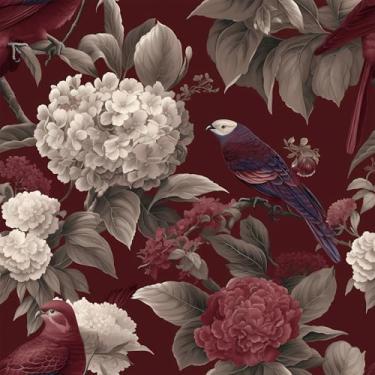 Imagem de VEELIKE Papel de parede floral de hortênsias de luxo, descasque e cole vintage, borgonha, pássaro, papel de parede para quarto, banheiro, 48 x 38 cm, papel de parede floral vermelho autoadesivo