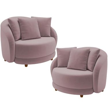 Imagem de Kit 02 Poltronas Decorativas Para Sala de Estar Base Fixa Pés Madeira Witta M03 Veludo Rosê - Lyam Decor