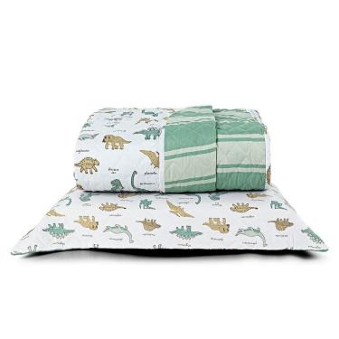 Imagem de Kit Cobre Leito Colcha Solteiro Infantil Lutti Dupla Face 200 Fios 2 Peças Dinossauro Verde