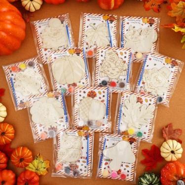 Imagem de GlikCeil 12 conjuntos de lembrancinhas de festa de Halloween kits de artesanato suprimentos de festa fantasma abóbora kit de pintura de madeira para crianças gato preto bruxa aniversário sacos