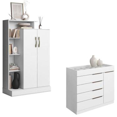 Imagem de Cômoda Sapateira Sevilha 2004147 E Armário Multiuso Florença 2000199 Branco Brilho - Aramóveis