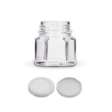Imagem de 5 x Pote de Vidro Sextavado 40ml com Tampa Branca | Ideal para Vela, Lembrancinhas, Mel, Geleia, Temperos e Conservas