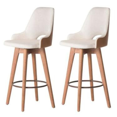 Imagem de Kit 02 Banquetas Alta Giratória Com Encosto Lary Para Cozinha Composê Sintético Nozes E Linho Bege - Aurora Line
