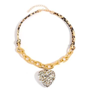 Imagem de liveliwithmin Corrente grossa de clipe de papel leopardo amor coração laço gargantilha colar com estampa de chita para ela, one size, Metal, Sem Pedra Preciosa