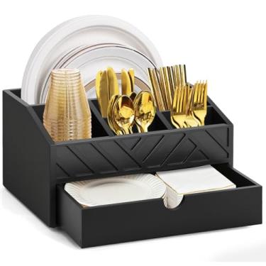 Imagem de Dispensador de pratos de papel com gaveta, suporte de utensílios de madeira para acessórios de cozinha, suportes de placa de papel rústico para bancada, organizador grande de talheres para guardanapos