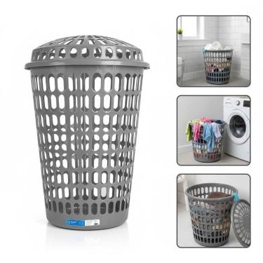 Imagem de Cesto Roupa Suja Telado Gigante 60 Litros Organizador Multiuso Roupas Lixo Roupeiro Com Tampa 60l Reforcado Cinza