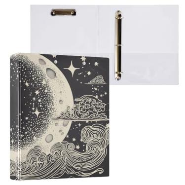Imagem de Blueangle Fichário de 3 anéis de lua e nuvens com prancheta e 2 bolsos - Organizador de documentos decorativo de 3 cm para escritório, suprimentos para reuniões (405)