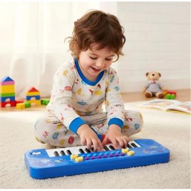 Imagem de Kit Teclado Musical Infantil com Microfone - Azul, Diversão e Aprendizado Musical para Crianças, Som Real e Efeitos Divertidos