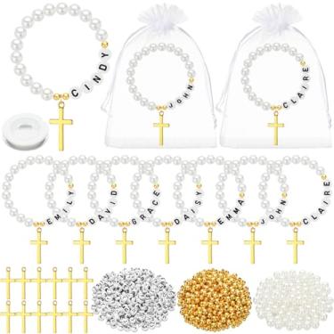 Imagem de Cunno 2373 peças, 35 conjuntos de pulseiras de batismo, kit faça você mesmo, kit de contas cristãs, artesanato religioso Jesus Recuerdos para Bautizo, presentes para convidados, Semana VBS Fé, igreja