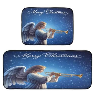 Imagem de Qilmy Conjunto de tapetes de cozinha de anjo trompete de Natal, antifadiga, antiderrapante, impermeável, acolchoados, para cozinha, escritório, pia, lavanderia, tapetes confortáveis