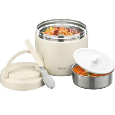 Imagem de wiwens Pote térmico para alimentos quentes adultos 946 ml recipiente térmico de almoço boca larga isolado a vácuo aço inoxidável à prova de vazamento caixa bento com colher (bege)