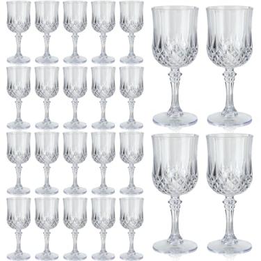 Imagem de Domensi 20 peças de taças de vinho de plástico de 20 ml, reutilizáveis, vintage, em relevo, taças de água potável, taças de champanhe para casamento, despedida de solteiro, suprimentos de festa de