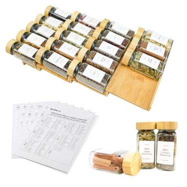 Imagem de KitHero Organizador de gaveta de especiarias com 18 potes de especiarias com tampa de bambu, 216 etiquetas, 50 de borracha antiderrapante, bandeja de bambu com 4 camadas para gavetas de cozinha