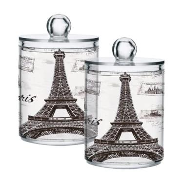 Imagem de Qilmy Pacote com 2 suportes cinza Torre de Paris Qtip, frascos de boticário de 400 ml, vasilha organizadora de banheiro para cotonetes, bolas de algodão, almofadas de maquiagem, fio dental, sais de