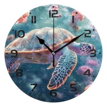 Imagem de JUZIHAI Relógio de parede colorido, água-viva, tartaruga, silencioso, sem tique-taque, redondo, operado por bateria, fácil de ler, relógio decorativo de parede para casa, cozinha, sala de estar