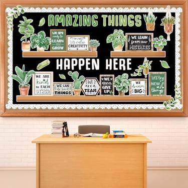 Imagem de Estante de livros Spring Greenery, quadro de avisos, citações motivacionais, recortes de plantas em vasos, coisas incríveis acontecem aqui, quadro de avisos, decoração de quadro de avisos para