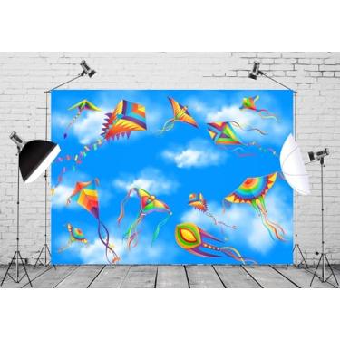 Imagem de BELECO Tecido de 2,4 x 1,8 m Happy Makar Sankranti pano de fundo pipas voando sob o céu azul, fundo do festival da colheita indiana Índia e Nepal hinduísmo religião feriado decoração de festa adereços