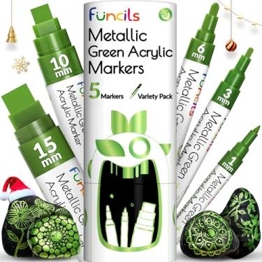 Imagem de 5 canetas de tinta verde acrílica metálica - ponta extrafina, fina e jumbo (1 mm, 3 mm, 6 mm, 10 mm, 15 mm) - Marcadores verdes para tecido, metal, plástico, tela, madeira, pintura de pedras, vidro.