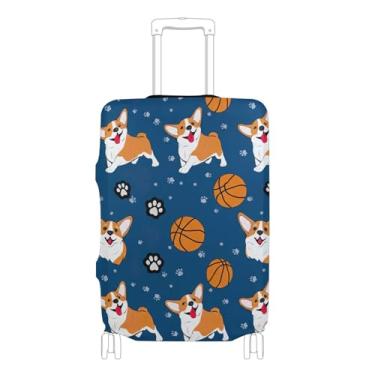 Imagem de Joisal Capas de bagagem azuis de basquete fofas para proteção de mala, acessórios de viagem de desenho animado antiarranhões, P, serve para capa de 45 a 50 cm, Lindo filhote de basquete azul, M 22-24