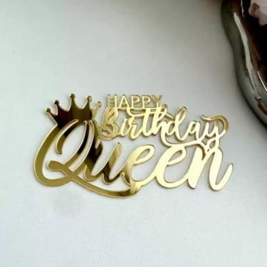 Imagem de Enfeite de bolo dourado com coroa da rainha feliz aniversário para mulheres, meninas, decoração de bolo de aniversário de acrílico para rainha, princesa, casamento, dia dos namorados, adereços para